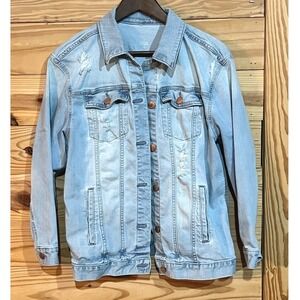 A.N.A. Jean Jacket Trucker Light Blue Womens Collared Pockets Distressed Size XS
